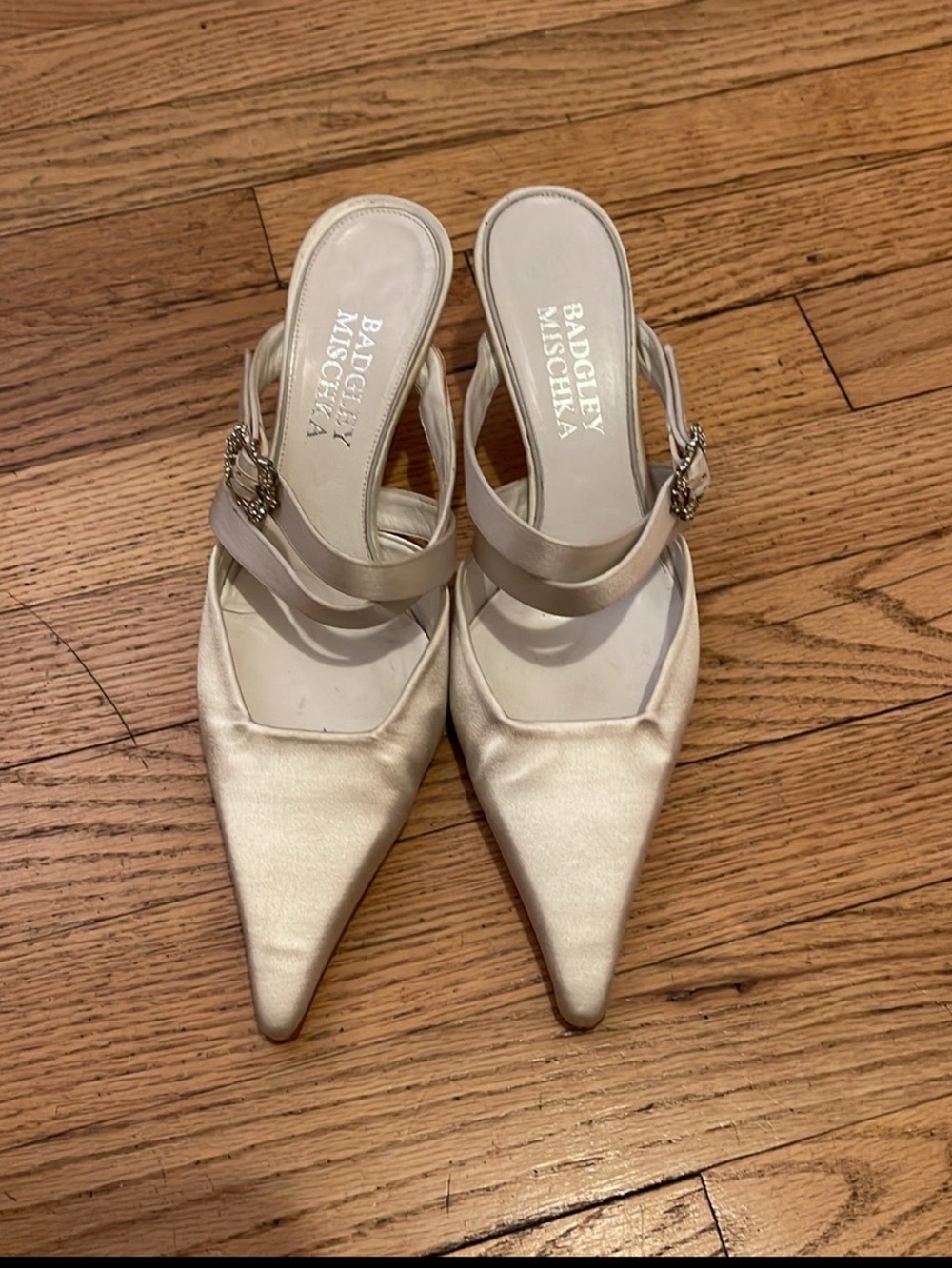 Badgley Mischka Ivory Satin Pointed Mule with Decorative Buckle
